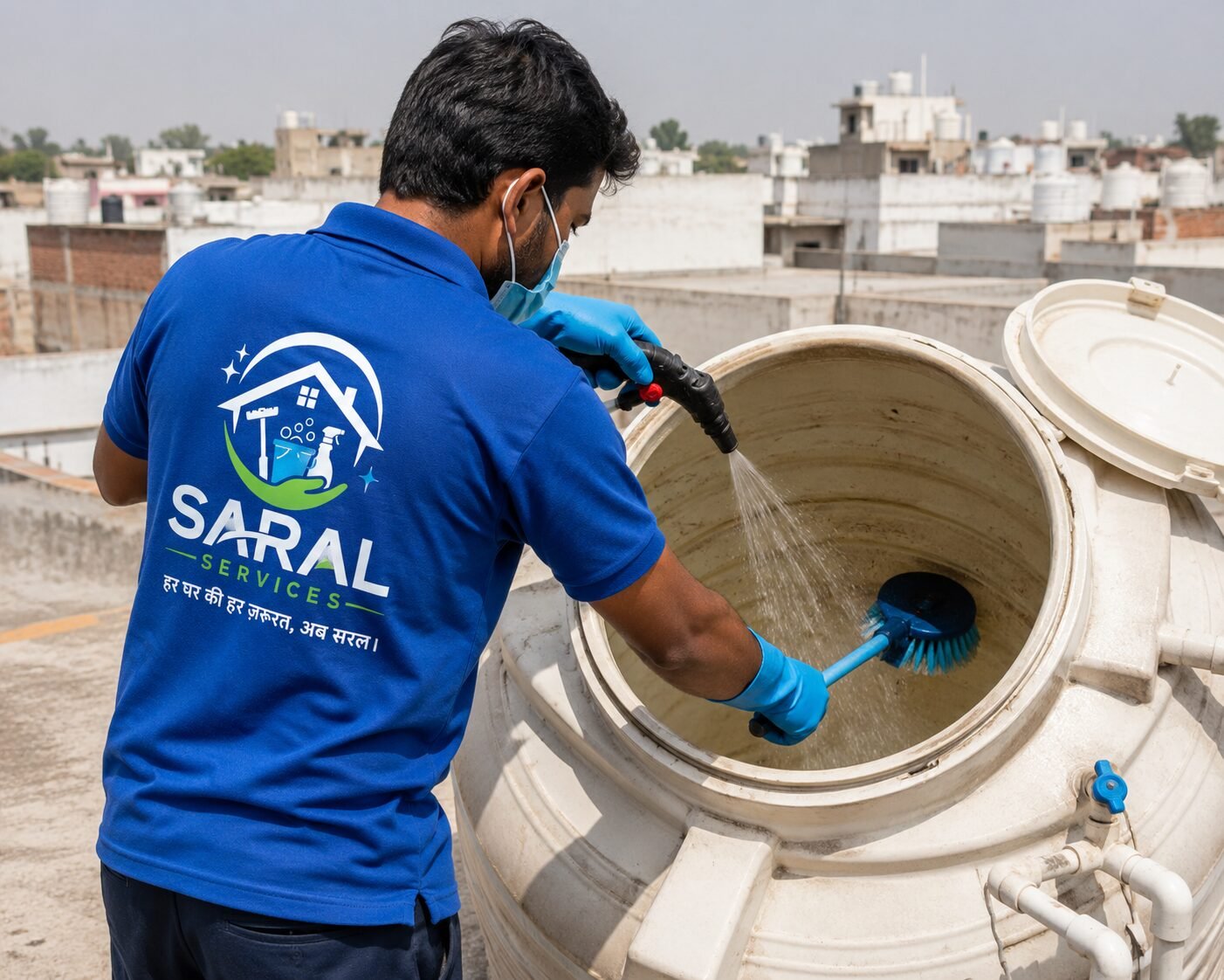 SARAL SERVICES professional cleaning a rooftop water tank